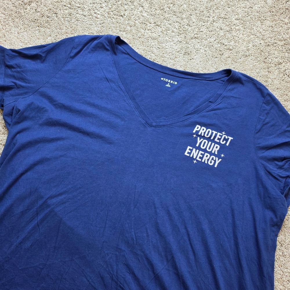 Torrid Protect Your Energy Graphic Tee Womens 4 Blue Cotton V-Neck Relaxed Plus